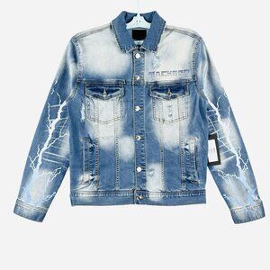 Mac Keen Market Men Rhinestones Blue Denim Jacket Small Distressed Thunder NWT